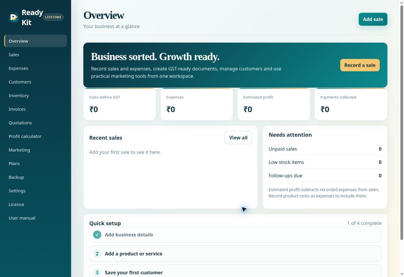Ready Kit business dashboard showing sales, expenses, profit, payments and quick setup