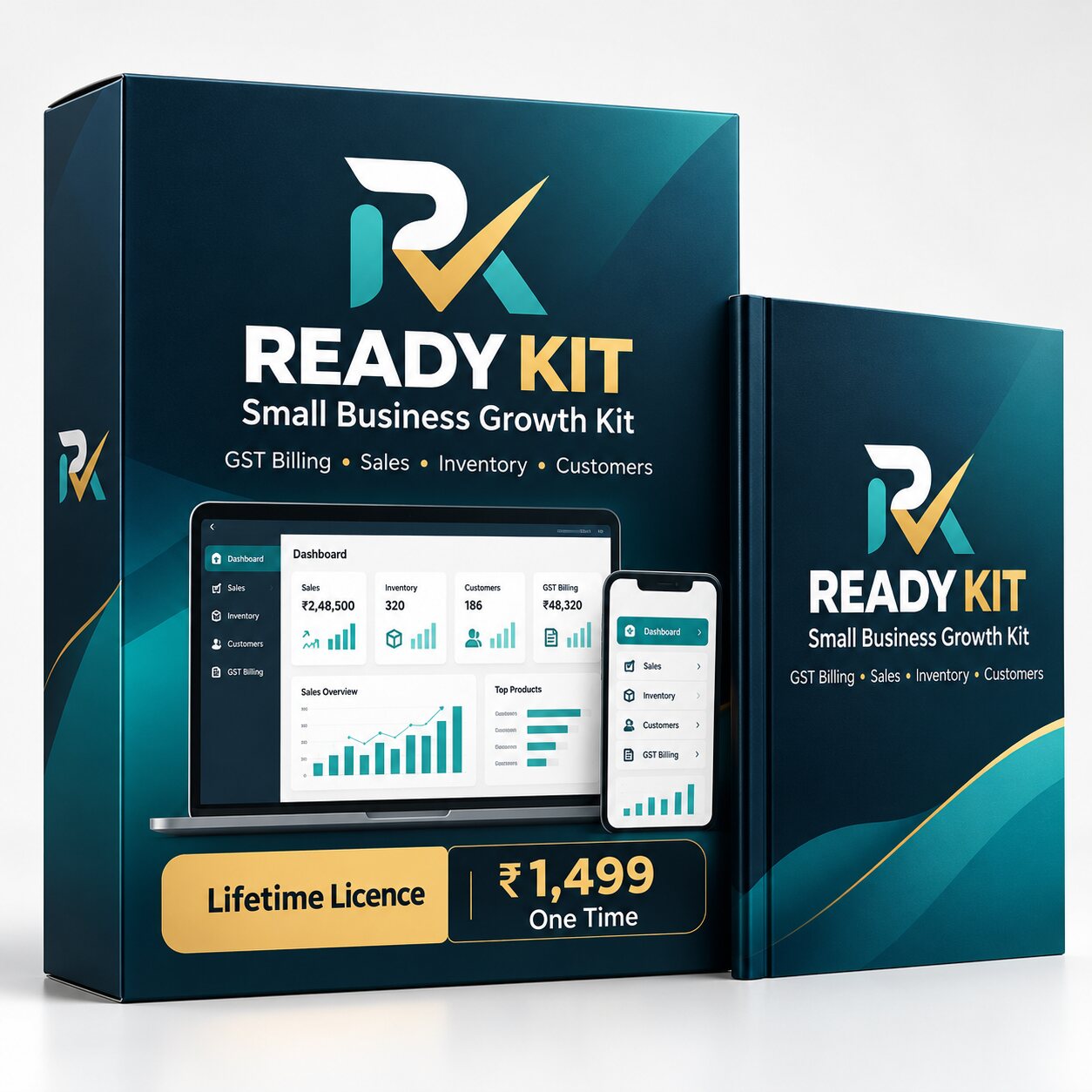 Ready Kit lifetime licence product box showing GST billing, sales, inventory and customers