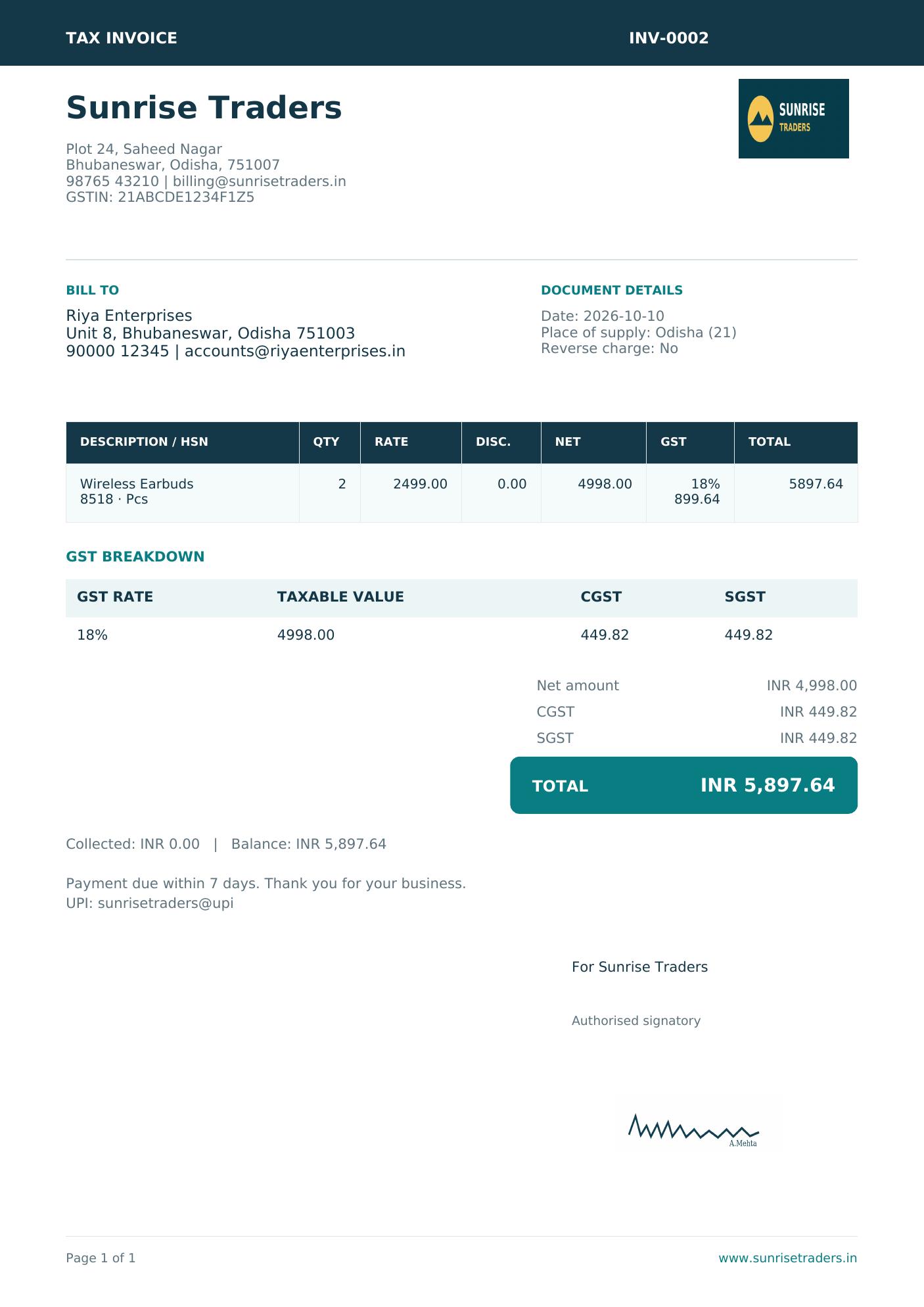 Real Ready Kit GST tax invoice with demo data, company logo and authorised signature